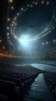 Empty theater interior showcasing elegant architecture and dramatic lighting during a quiet evening performance photo