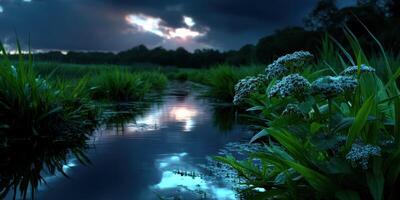 Evening tranquility as dark clouds gather over a serene river reflecting the sky's colors in nature's embrace photo