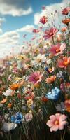 Colorful wildflower field in bloom under a bright blue sky with fluffy clouds during a sunny day in spring photo