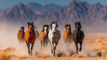 Wild horses galloping through a dusty desert landscape with mountains in the background at sunset photo