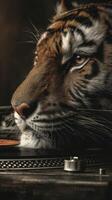 Regal tiger rests beside a turntable in a dimly lit setting during the evening hours photo