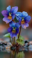 Vibrant blue violets with raindrops captured in a serene natural setting during a misty morning photo