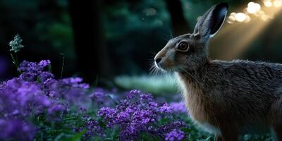 Hare observing in a field of purple wildflowers at dawn in a serene forest landscape photo