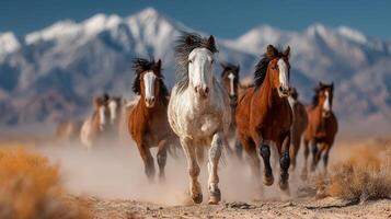 Herd of wild horses running in the dust against a backdrop of snowy mountains at sunrise photo