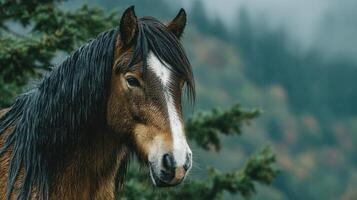 Majestic horse stands in the rain against a backdrop of misty mountains and evergreen trees in a tranquil setting photo