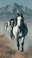 Herd of galloping horses charging through misty plains with majestic mountains in the background photo