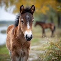 Young foal explores a tranquil riverside while another horse grazes nearby during a calm autumn day photo