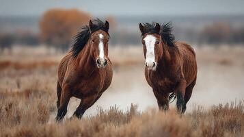 Wild horses running freely across a golden grassland in the early morning light highlighting their majestic beauty photo
