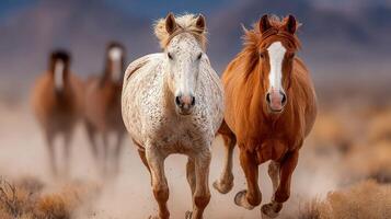 Horses running swiftly through the dusty landscape in a wild setting during daylight hours photo