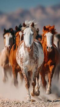 manada de corriendo caballos Galopando a través de un polvoriento paisaje durante puesta de sol en un natural ajuste foto