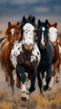 Galopando caballos correr mediante dorado césped debajo un nublado cielo en el temprano noche a un sereno ubicación foto