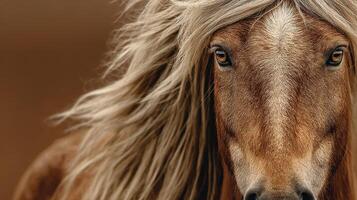 Majestic horse with flowing mane captured in a breathtaking close-up under natural light photo