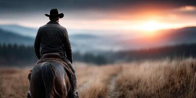 Cowboy rides into sunset over mountains, showcasing serene landscape and tranquil evening atmosphere photo