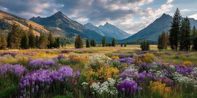 Colorful wildflower meadow with mountains in the background at late afternoon light photo