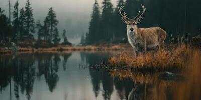 Majestic deer stands beside tranquil lake surrounded by misty forest at dawn photo