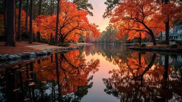 Autumn sunset over tranquil lake surrounded by vibrant orange trees photo
