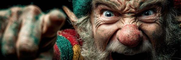 Angry elf yelling with bright eyes and colorful outfit in a close-up setting photo