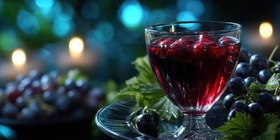 Refreshing red drink with berries served in a glass on a dark table with soft candlelight photo