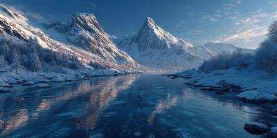 Stunning winter landscape with snow-covered mountains and a serene river reflecting the sky at dawn photo