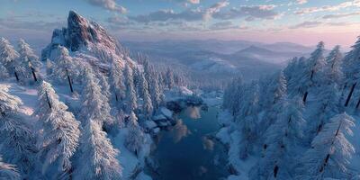 Snow-covered landscape with a serene river and mountain view during twilight in a tranquil winter setting photo