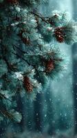 Snow falls gently on evergreen branches adorned with pine cones in a tranquil winter forest setting photo