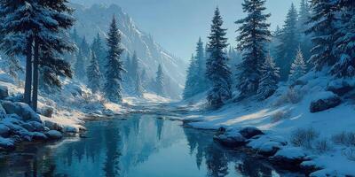 Snowy landscape with serene river and tall evergreen trees during winter morning light photo