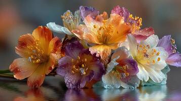 Colorful blossoms captured elegantly with raindrops, showcasing fresh blooms in a vibrant arrangement on a reflective surface photo