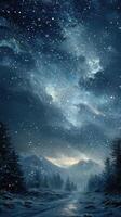 Snowfall over a mountainous landscape under a starry night sky with bright clouds in winter photo