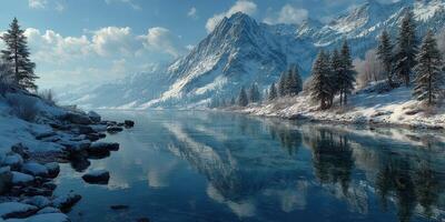 Snowy mountain landscape reflects in tranquil river under a clear blue sky at midday photo