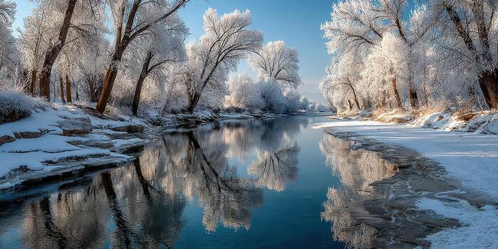 Winter landscape featuring a frozen river and frosted trees in a serene natural setting during the day photo
