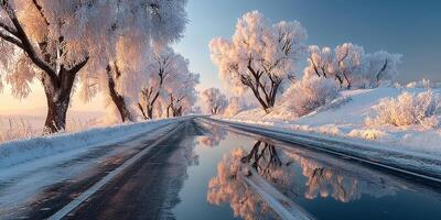 Winter road lined with frosty trees reflecting in a tranquil puddle at dawn photo