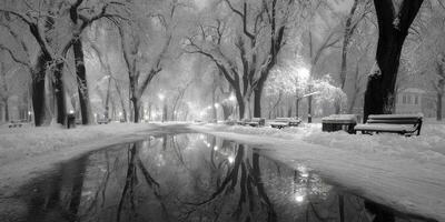 Snow covered park path lined with trees and benches reflecting in a frozen puddle during winter evening photo
