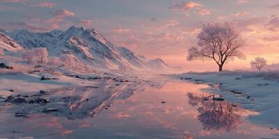 Winter landscape featuring a serene river reflecting majestic snow-covered mountains during sunrise photo