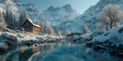 Stunning winter landscape showcasing a quaint cabin by a frozen river surrounded by snow-covered mountains and trees photo