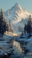 Snow-covered mountains and a tranquil stream reflecting the serene morning light in a wintry landscape photo