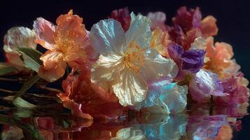 Colorful paper flowers arranged beautifully on a reflective surface creating an artistic display of nature's beauty photo