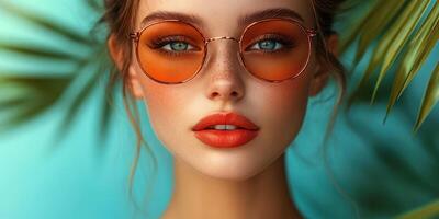 Young woman with vibrant makeup and stylish sunglasses poses against a tropical backdrop during a sunny day, showcasing summer vibes photo