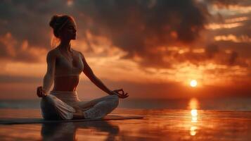 Sunset meditation by the ocean inspires tranquility and mindfulness on a serene evening photo