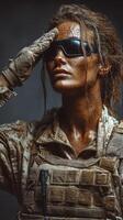 Soldier demonstrating respect while saluting in a muddy military environment during nighttime operations photo