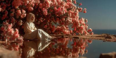 Woman sitting by a tranquil pond surrounded by blooming pink flowers on a sunny day photo
