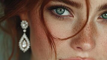 Close-up view of a woman with striking blue eyes and elegant earrings during an outdoor event in soft natural light photo
