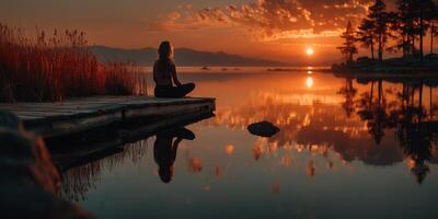 Tranquil sunset meditation by a serene lake surrounded by nature in golden light photo