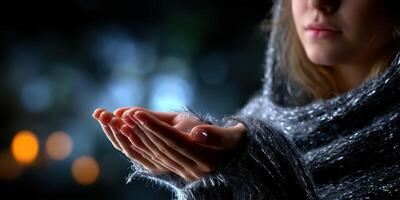 Hands held open under soft light in a cozy setting during evening hours photo