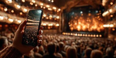 Audience captures performance with smartphone at a theater during a lively show in the evening photo