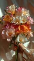 Colorful bouquet of freesia flowers held against soft background with gentle light in warm setting photo