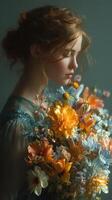 Girl with a bouquet of vibrant flowers in soft light during a serene moment photo