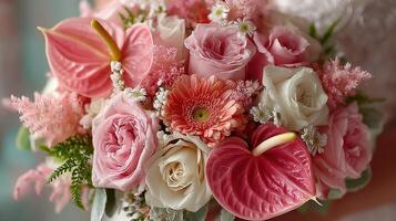 Beautiful floral arrangement featuring pink roses and tropical flowers in a vibrant bouquet for a special occasion photo