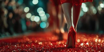 Runway showcase featuring stylish heels on a vibrant red carpet at a glamorous fashion event in the evening photo