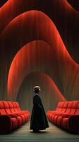 Intriguing silhouette of a figure in a modern interior with vibrant red couches and abstract architecture at dusk photo
