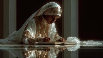 Young woman in traditional attire writing in a book while seated in a serene, well-lit space photo